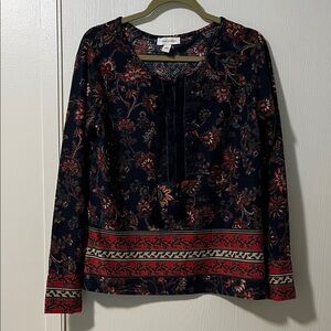 Vintage America Navy Floral Long Sleeve Henley Top - Red and blue